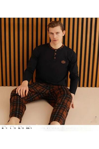 Pijamoni Ανδρικό μονό ζέρσεϊ μακρυμάνικο βαμβακερό σετ πιτζάμες χαλαρής εφαρμογής