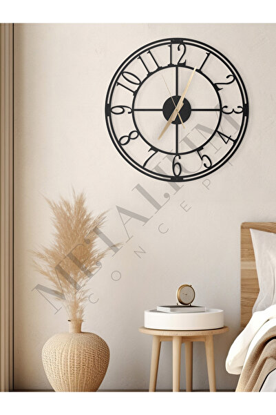 Decorative Turkish Numeral Silent Black Metal Wall Clock 60x60cm [2313-60x60]