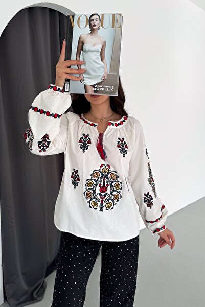 FEMELLE Women's Tasseled Full Cross Stitch Embroidered Cotton Blouse