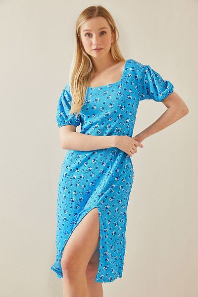 XHAN Blue Floral Patterned Belted Textured Midi Dress 5YXK6-48037-12