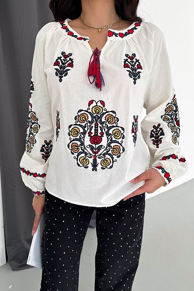 FEMELLE Women's Tasseled Full Cross Stitch Embroidered Cotton Blouse