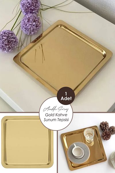 Anadolu Saray Stainless Steel Square Presentation Tray | Decorative Tray |   Luxury Square Gold Color Coffee Serving Presentation Tray