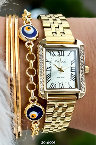 Ferrucci Çelik Kordon Altın Sarısı Renk, Su Geçirmez, Garantili, Taşlı Kadın ...