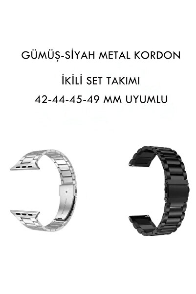 ecocenter Akıllı Saat Metal Çelik Kordon 2 Adet Siyah-Gümüş Tek Paket 42/44/45/49MM Watch Uyumlu Kordon