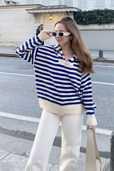 Bianco Lucci Pulover oversize tricot cu dungi cu fermoar pentru damă