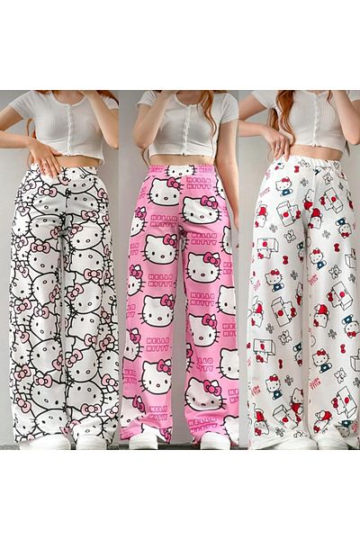 pandy Pantaloni de sport cu picioare largi Hello Cat din 3 piese