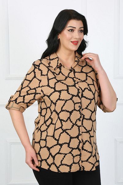 By Alba Collection Дамска памучна вискозна риза с кафяви шарки с голям размер