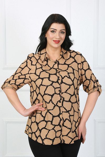 By Alba Collection Дамска памучна вискозна риза с кафяви шарки с голям размер
