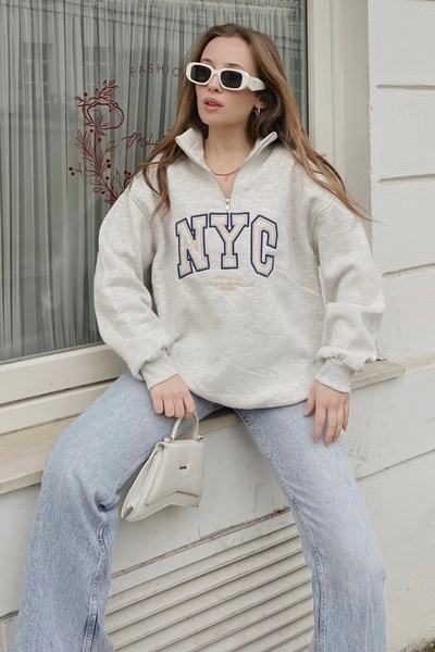 Bianco Lucci Жіночий світшот з принтом NYC з комірцем з принтом та застібкою на блискавці