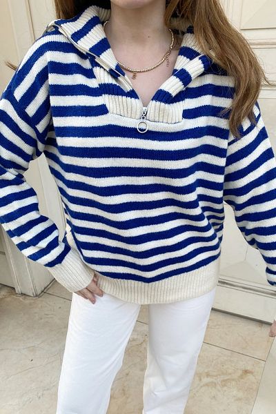 Bianco Lucci Pulover oversize tricot cu dungi cu fermoar pentru damă