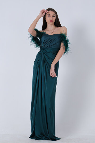 Feminist Teared Otrish Sleeve Crepe Satin Evening Dress Emerald9705210