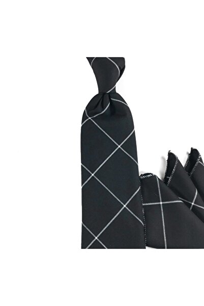 Sade Kravat Black and White Plaid Wool Tie with Handkerchief 27069 Black