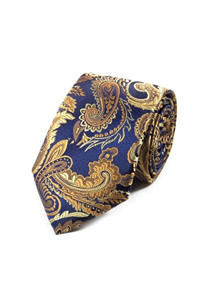 Sade Kravat Lacivert Hardal Sarı Özel Dokuma Şal Desenli Kravat 19809 Sarı