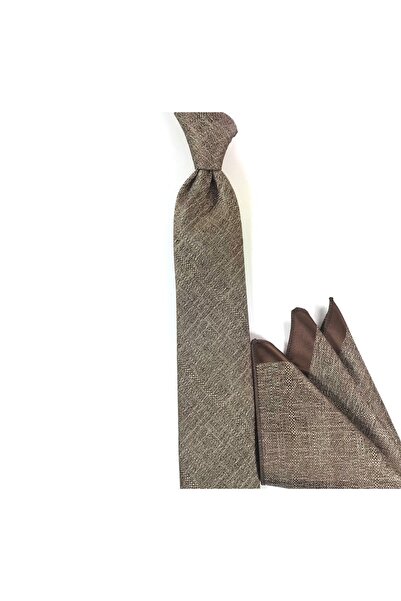 Sade Kravat Kahve Bej Melanj Desenli Mendilli Ince Kravat 21513 Kahve