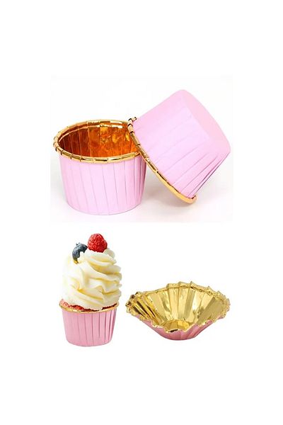SARF BİLİŞİM 25 Pieces Pink Gold Metallic Muffin Cake Mold Shiny Gold Cupcake Capsule Muffin Mold 7x4 Cm