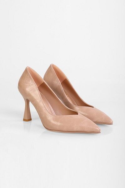 Shoeberry Women's Divini Nude Snake Pattern Heeled Shoes Stiletto