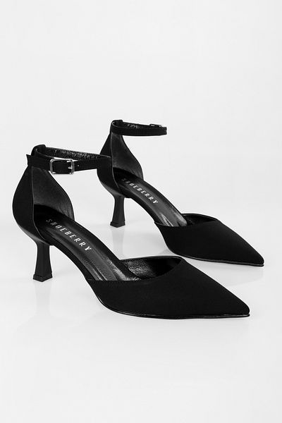 Shoeberry Damen Milos Schwarz Matt Satin Gürtel Absatzschuhe Stiletto