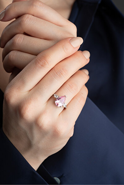 Silvano Jewelry 925 Ayar Gümüş Pembe Damla Taşlı Yüzük