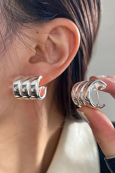 BAHELS Trend Silver 3 Rows Multiple Curved Hoop Earrings
