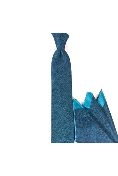 Sade Kravat Cam Göbeği Turkuaz Mavi Melanj Desenli Mendilli Ince Kravat 21527