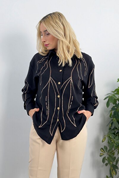 Butilya قميص مطبوع لامع باللون الأسود