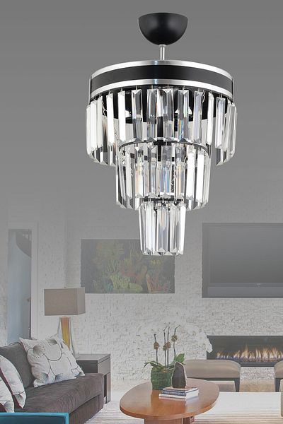 Kraliçe Paris 3-Tier Black Chrome Gilded Crystal Stone Modern Chandelier of 30'