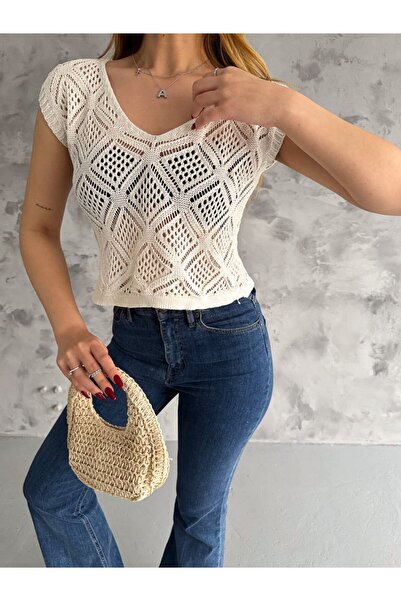 MST CLOTHİNG Βαμβακερό πλεκτό γυναικείο πουλόβερ μπλούζα με διάτρητο σχέδιο