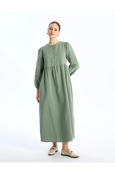 LC Waikiki Γυναικείο φόρεμα μουσελίνας LCW Modest Crew λαιμόκοψη μονόχρωμο μα...