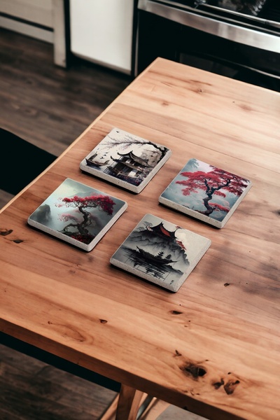 Baumatelier Japanese Nature and Cherry Blossom Stone Coasters Natural Stone T...