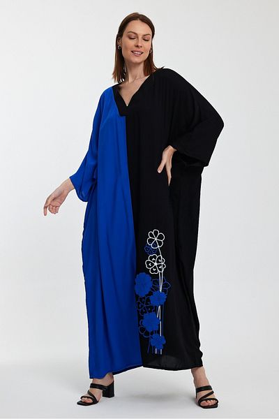 AYASOFYA OTANTIK Rochie de damă, neagră, albastră, cu broderie cu flori, cu decolteu în V