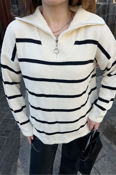 Bianco Lucci Pulover din tricot cu dungi cu fermoar pentru damă