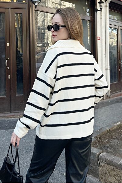 Bianco Lucci Pulover din tricot cu dungi cu fermoar pentru damă