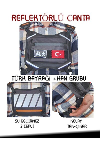 BALP Reflektörlü Gögüs Çantası Kan Grubu A+ Türk Bayrağı Su Geçirmez Gri Turuncu