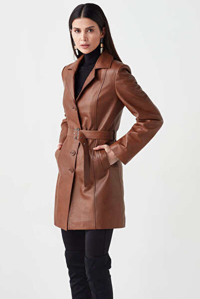 Deriza Sensilo Belted Genuine Leather Women's Trench Tan