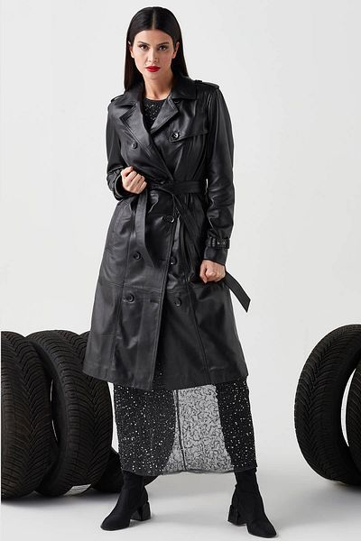 Deriza Funda Genuine Leather Women's Trench Coat Black