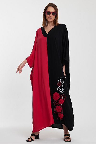 AYASOFYA OTANTIK Rochie de damă neagră fucsia cu broderie cu flori, cu decolteu în V, supradimensionată