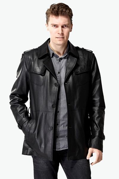 Deriza Kagawa Men's Black Leather Trench Coat