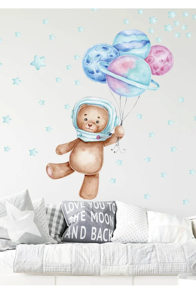 WALLHUMAN Αυτοκόλλητο τοίχου για παιδικό δωμάτιο με χαριτωμένο αρκουδάκι αστρ...