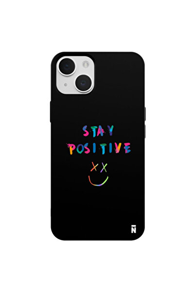 Casen iPhone 13 Stay Positive Tasarımlı Siyah Renkli Silikon Telefon Kılıfı
