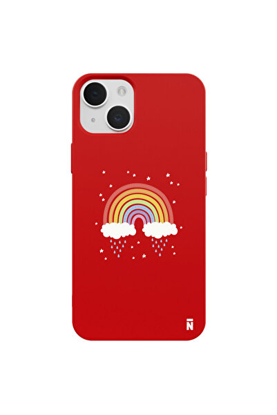 Casen iPhone 13 Gökkuşağı Tasarımlı Kırmızı Renkli Silikon Telefon Kılıfı