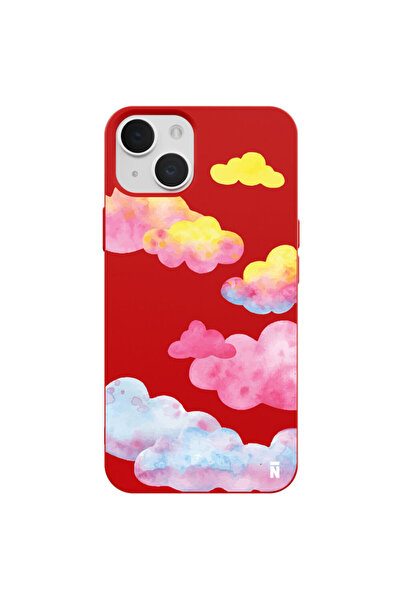 Casen iPhone 13 Colorful Clouds Tasarımlı Kırmızı Renkli Silikon Telefon Kılıfı