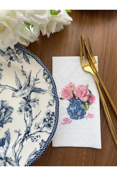 busrasdesign Bleu Blanc Pink Flowers Printed Presentation Napkin 16pcs
