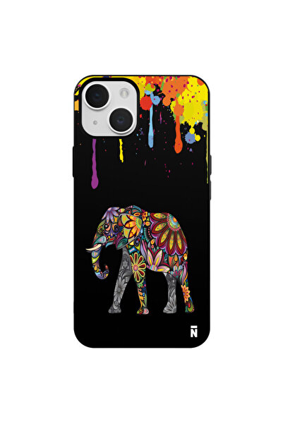 Casen iPhone 13 Yağlı Boya Fil Tasarımlı Siyah Renkli Silikon Telefon Kılıfı
