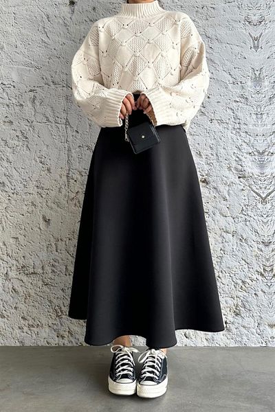 CNG MODA Hijab Puff Scuba Flared Skirt Large: Size
