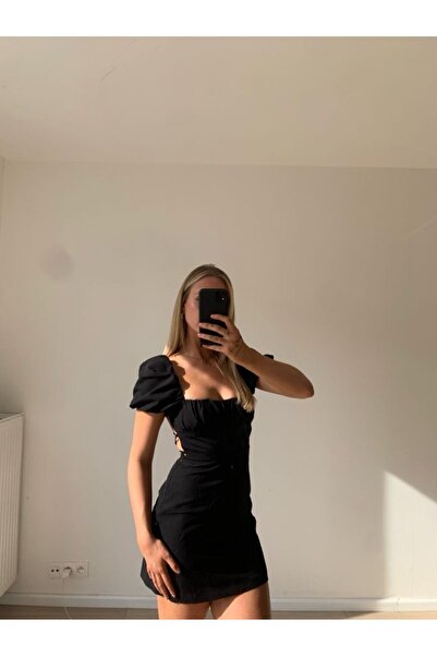 FMN Collection kadın sırt ip bağlama kare yaka balon kol dekolteli mini pinterest muadil elbise