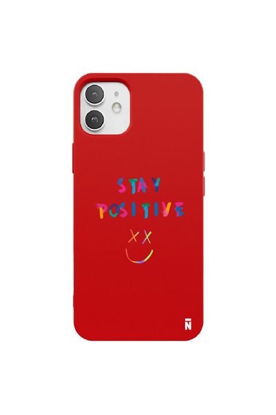 Casen حافظة هاتف من السيليكون باللون الأحمر لهاتف iPhone 12 بتصميم Stay Positive
