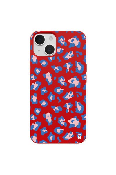 Casen iPhone 13 Cheetah Blue Tasarımlı Kırmızı Renkli Silikon Telefon Kılıfı