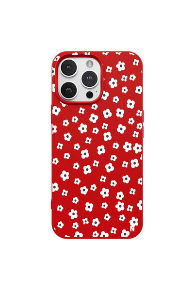 Casen iPhone 14 Pro Max Papatya Bahçesi Tasarımlı Kırmızı Renkli Silikon Tele...