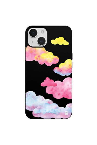 Casen iPhone 13 Colorful Clouds Tasarımlı Siyah Renkli Silikon Telefon Kılıfı