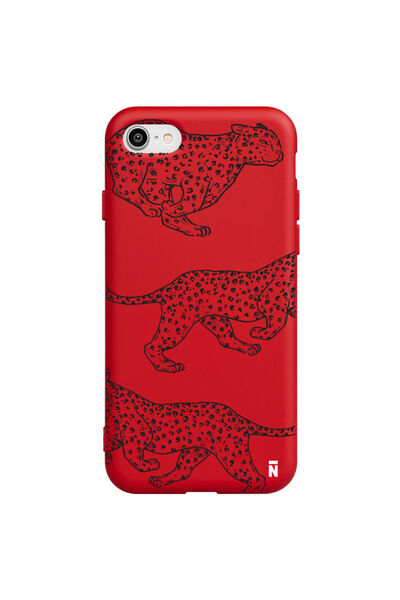 Casen iPhone 7 / 8 / SE Walking Cheetah Tasarımlı Kırmızı Renkli Silikon Tele...